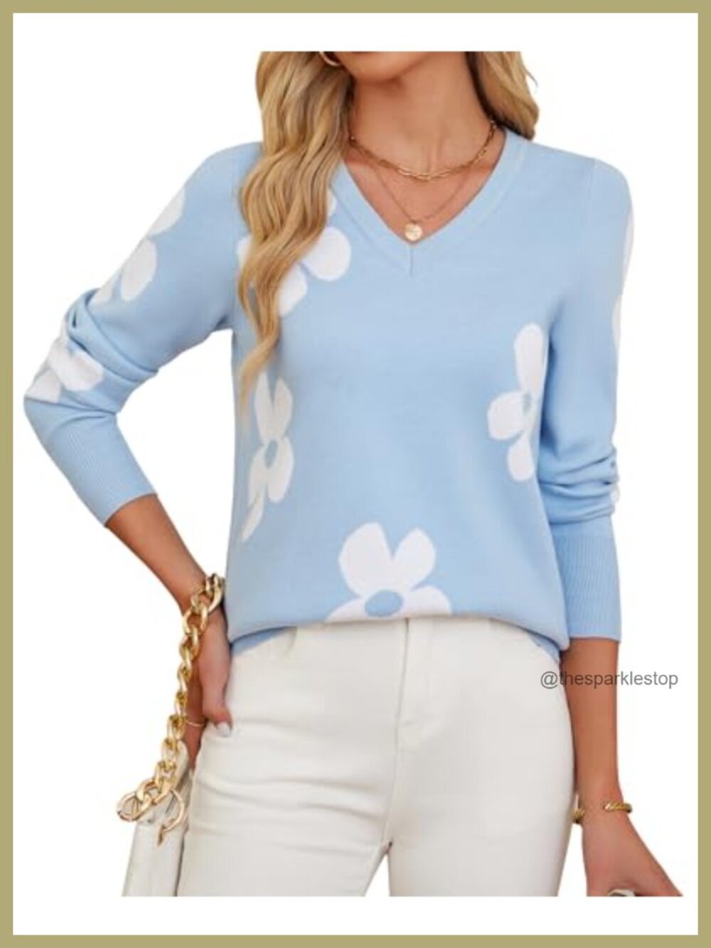 Womens V Neck Knit Sweater Long Sleeve Lightweight Pullover Printed Cute Winter